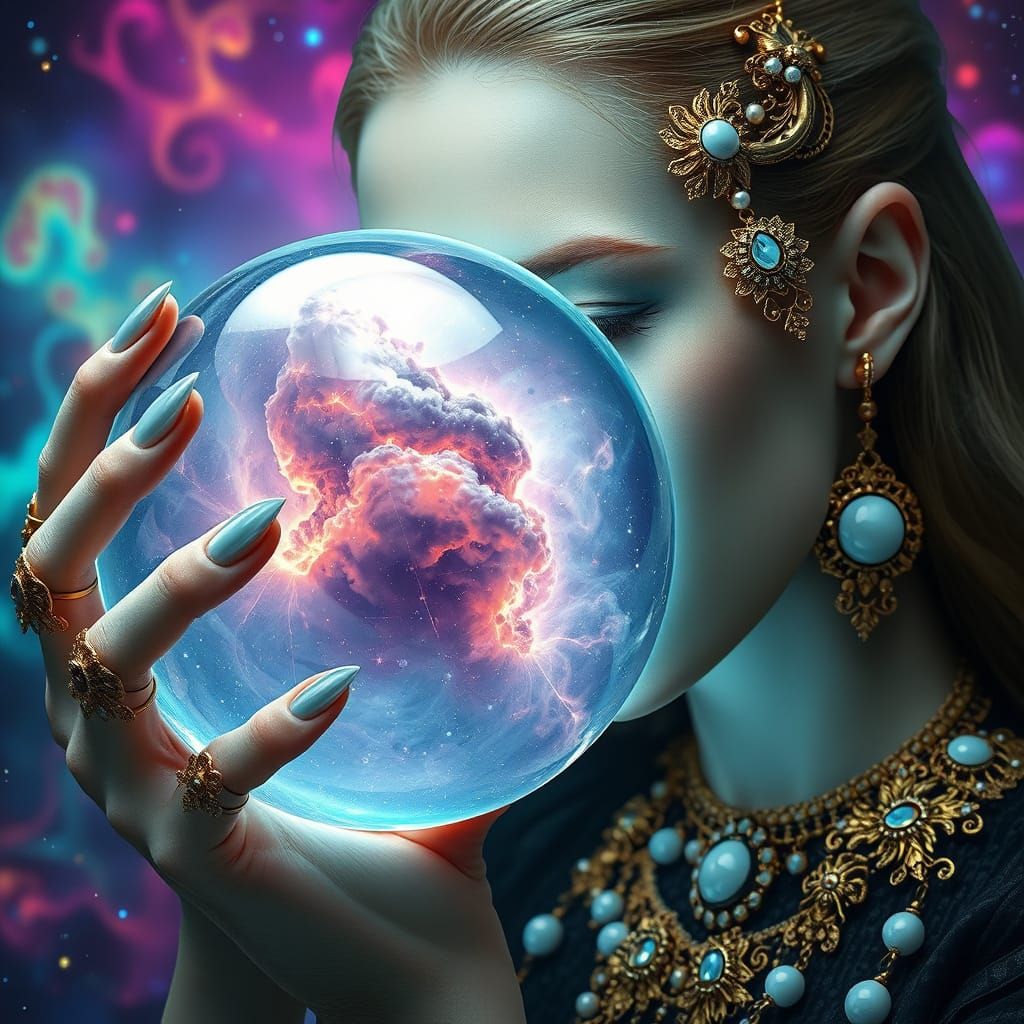 Enigmatic Psychic in Golden Regalia with Crystal Ball and Ce...