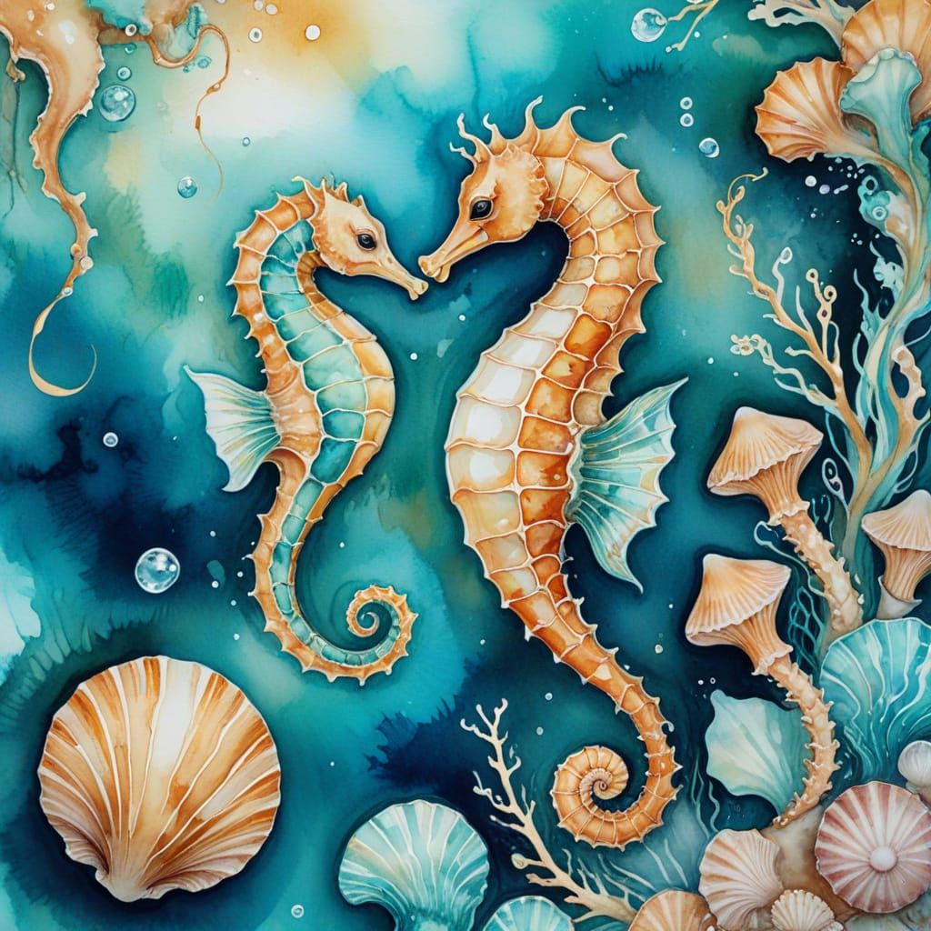 Seahorse and Jellyfish in Watercolour Alcohol Ink