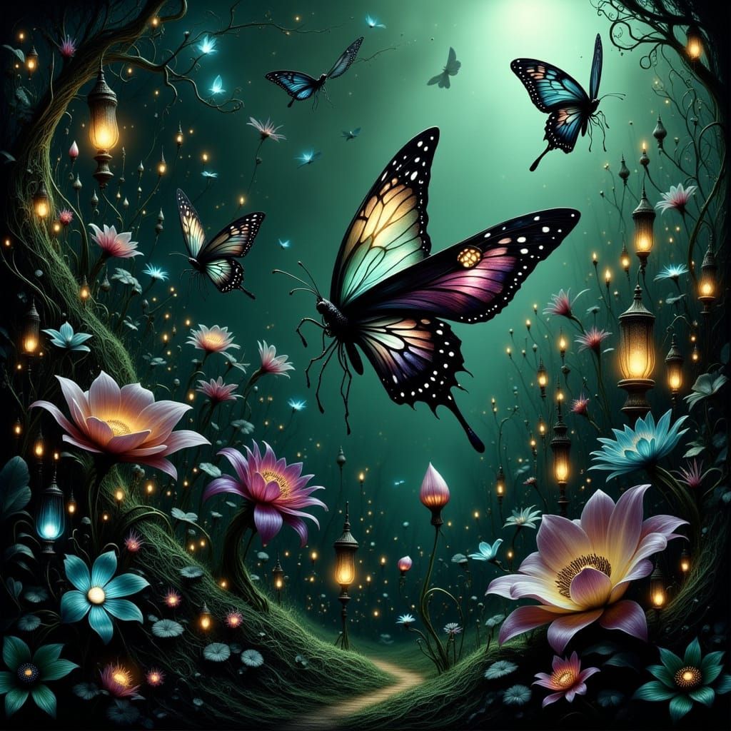 Bioluminescent Butterflies in Gothic Garden