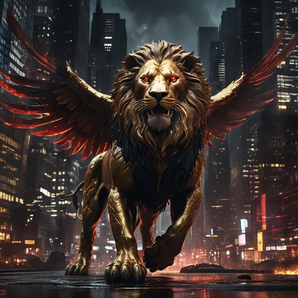 Golden-Winged Lion Rising in Cyberpunk Cityscape