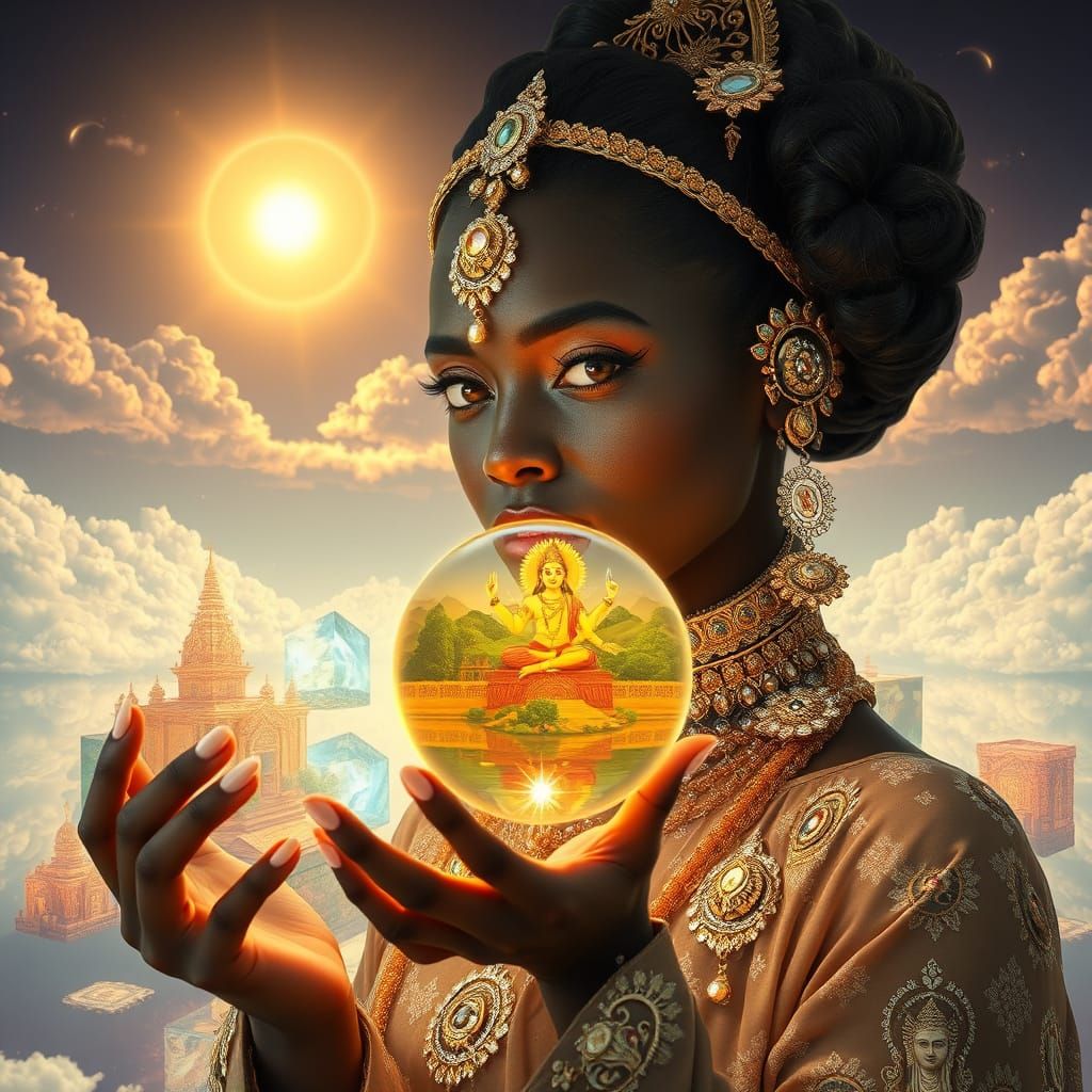 Woman with Crystalline Attire Projecting Futuristic World