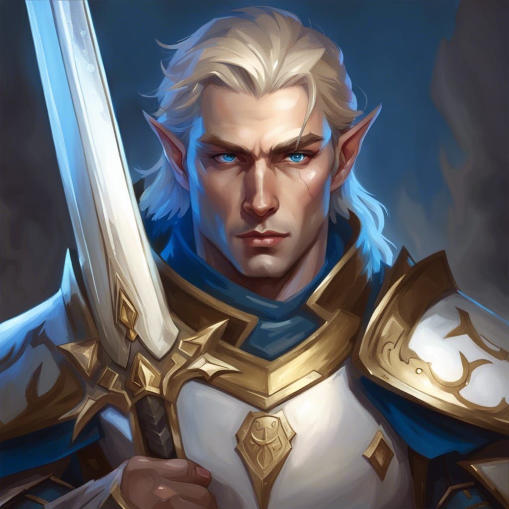 High Elf Paladin Portrait on Battlefield, Digital Art