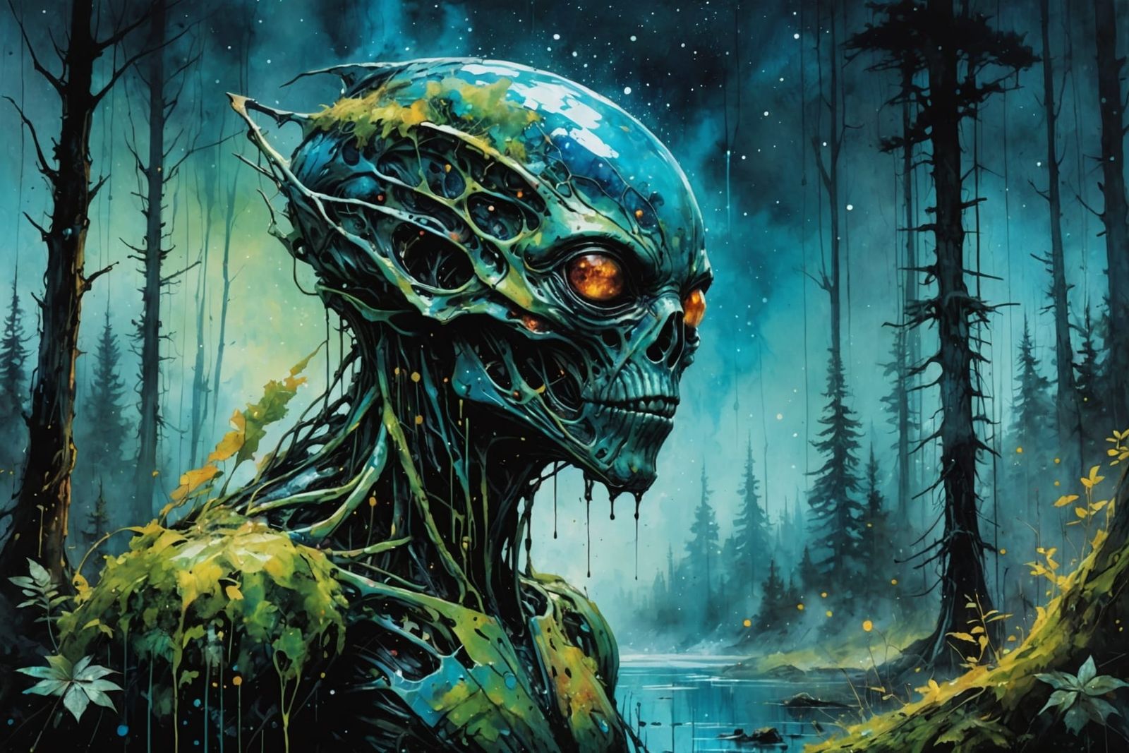 Enchanted Alien Forest at Midnight: Watercolor Art