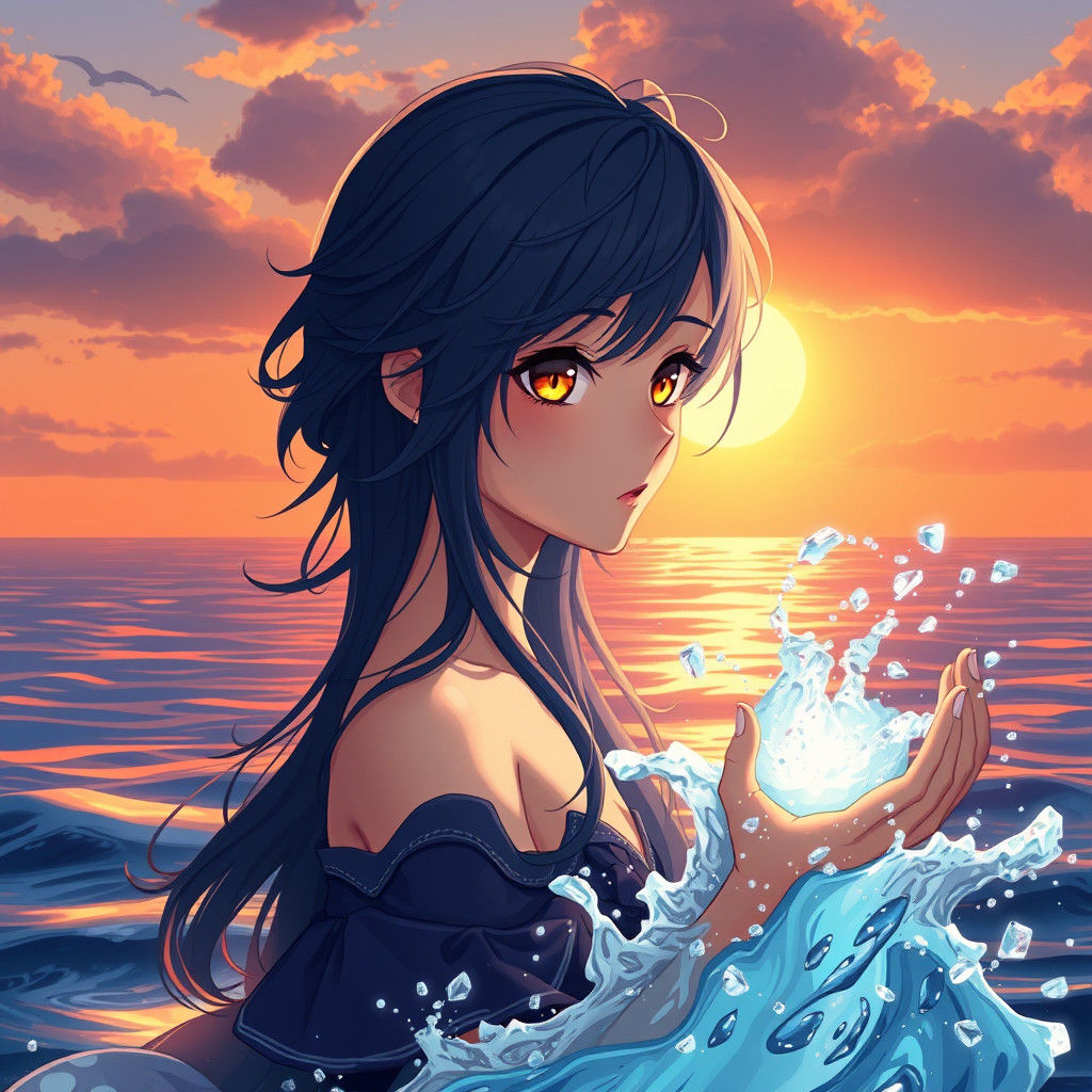 Anime Woman Conjures Water Magic by the Ocean