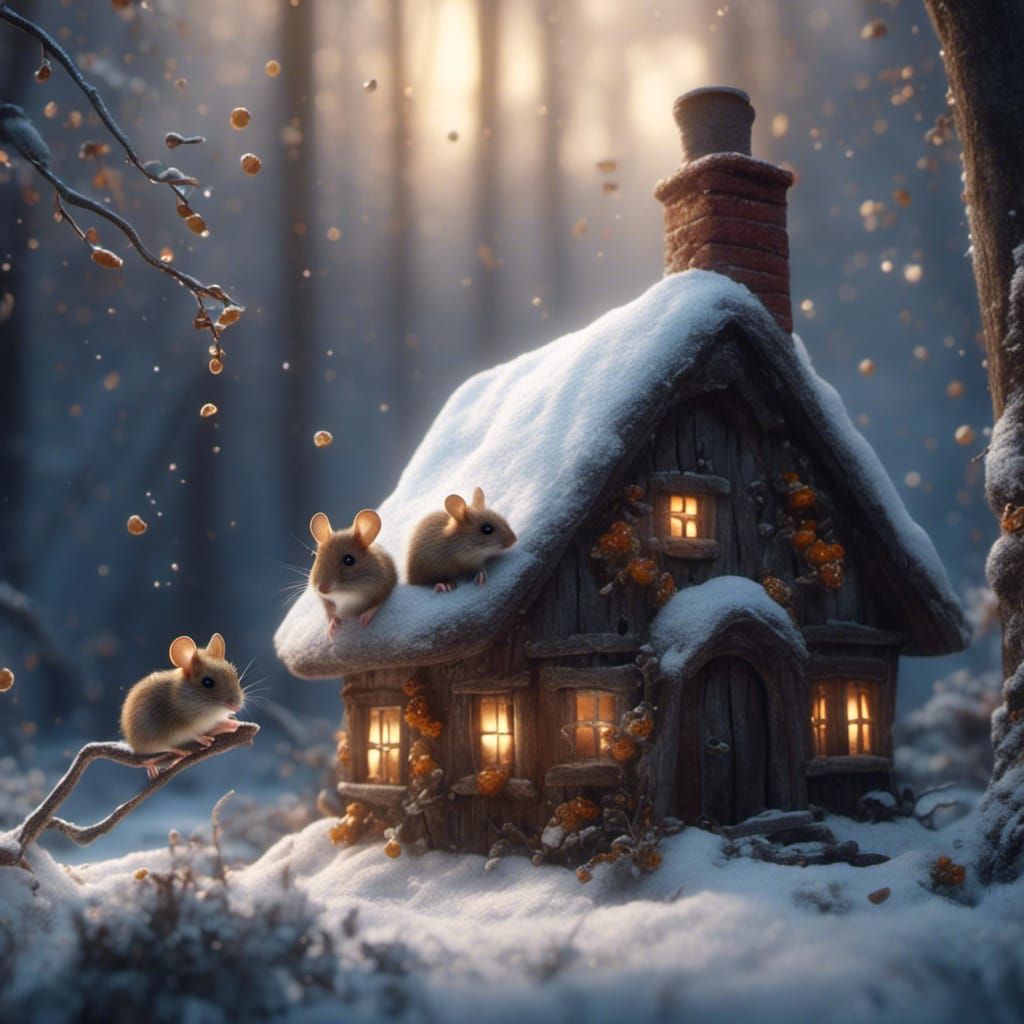 Adorable Mice in Woodland Cottage Scene