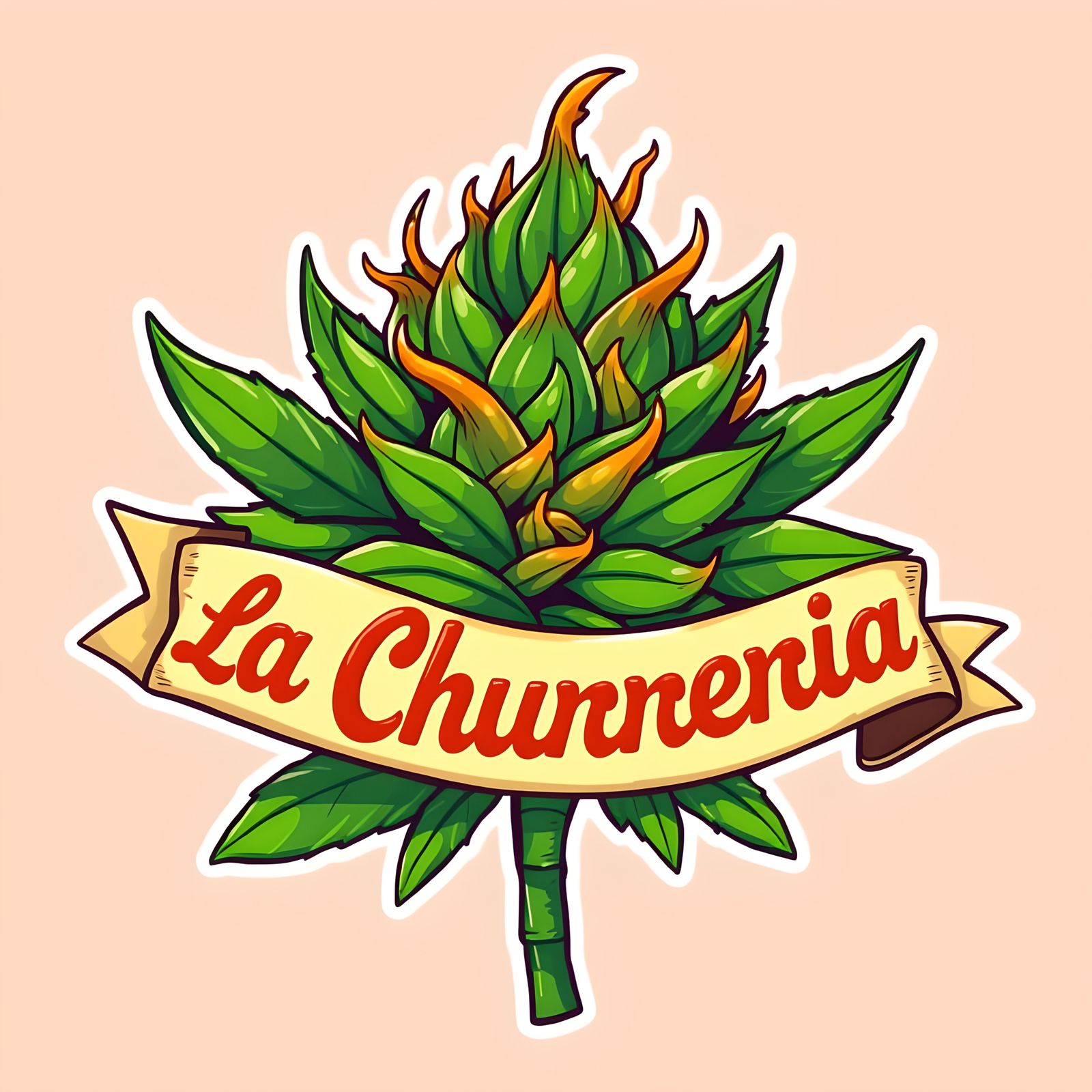 Cartoon Cannabis Bud with "La Churreria" Banner