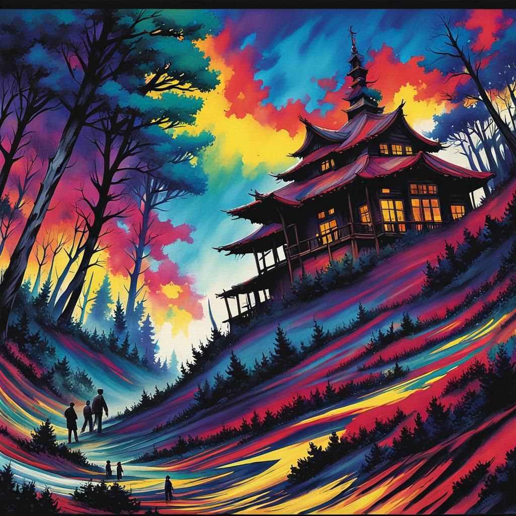 Black Man Painting Forest House in Anime Style