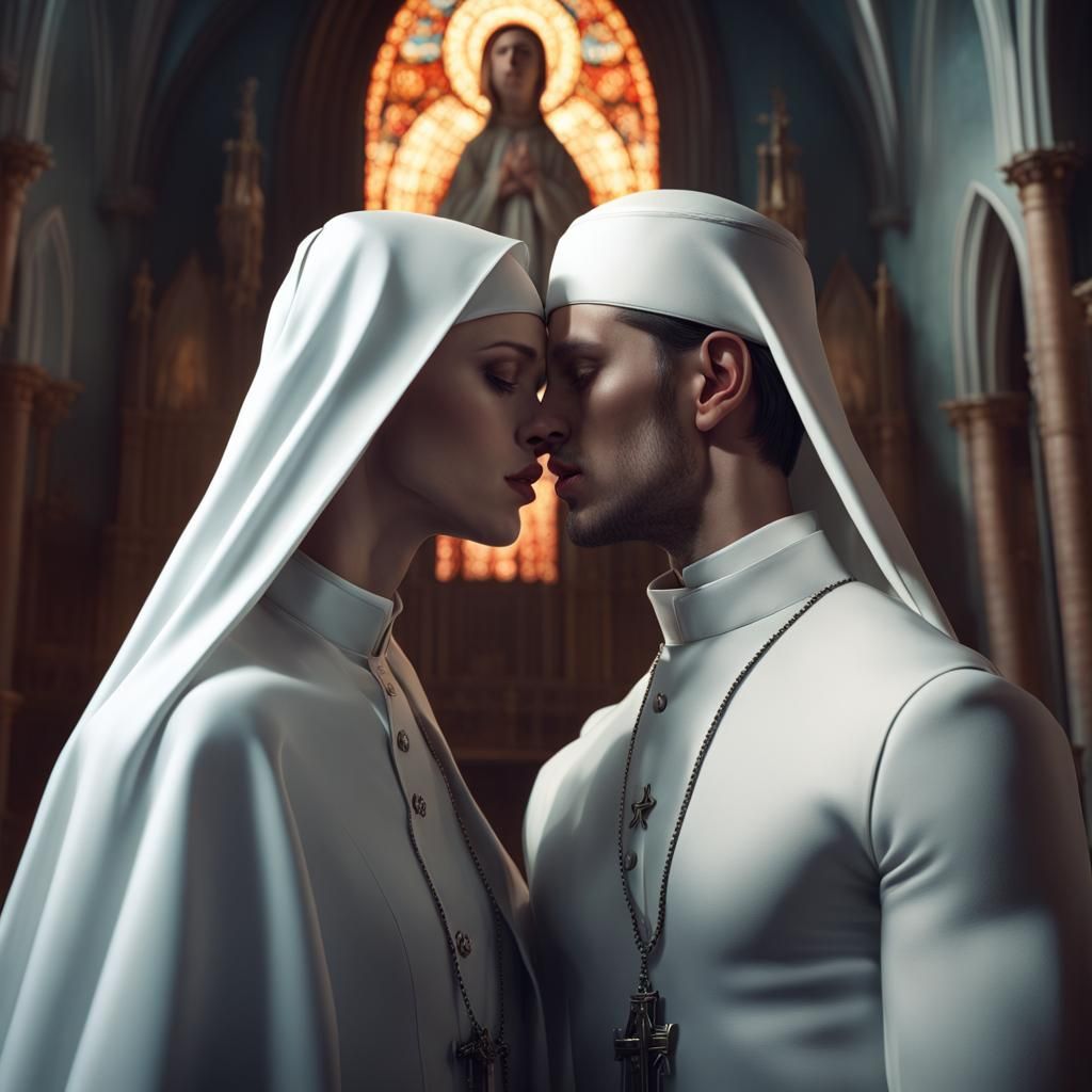 Passionate Kiss Between Priest and Nun, Surreal Art
