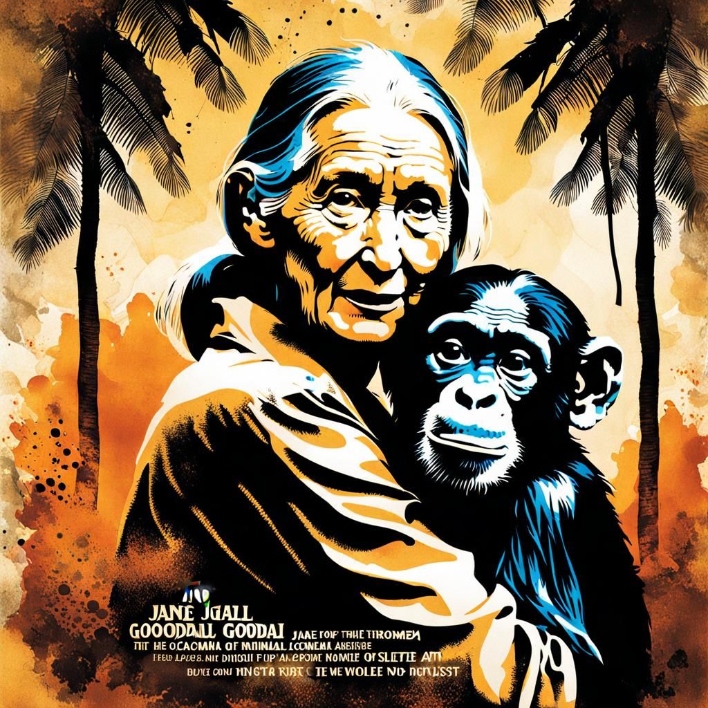 Jane Goodall with Chimpanzee in Ernst-Inspired Art