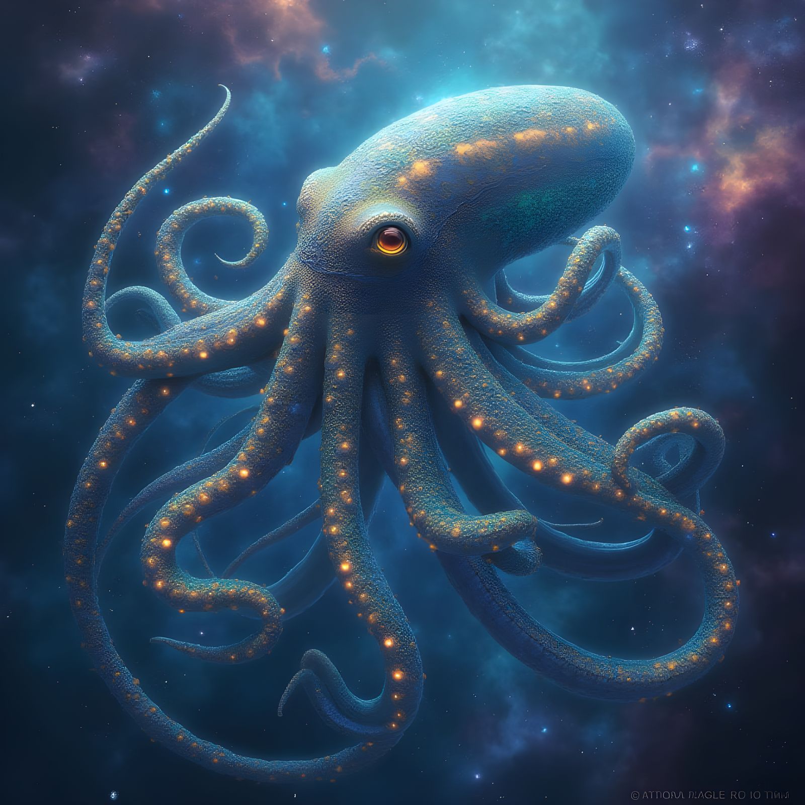 Bioluminescent Kraken Meditates in Swirling Nebula