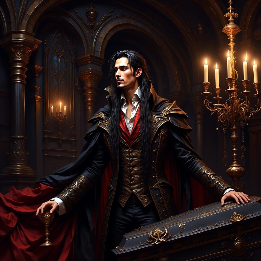 Victorian Vampire with Golden Goblet in Dark Fantasy Style