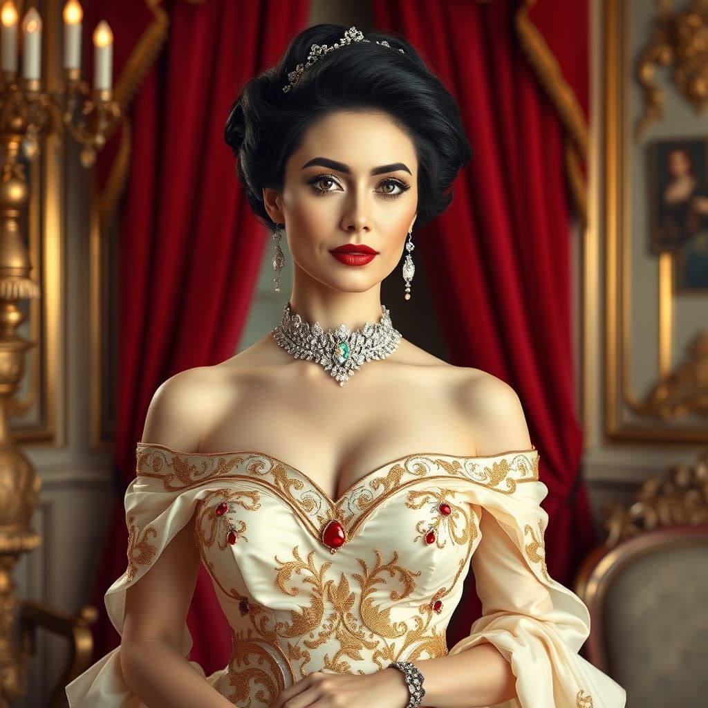 Elegant Victorian Lady in Cream Ball Gown with Gold Embroide...