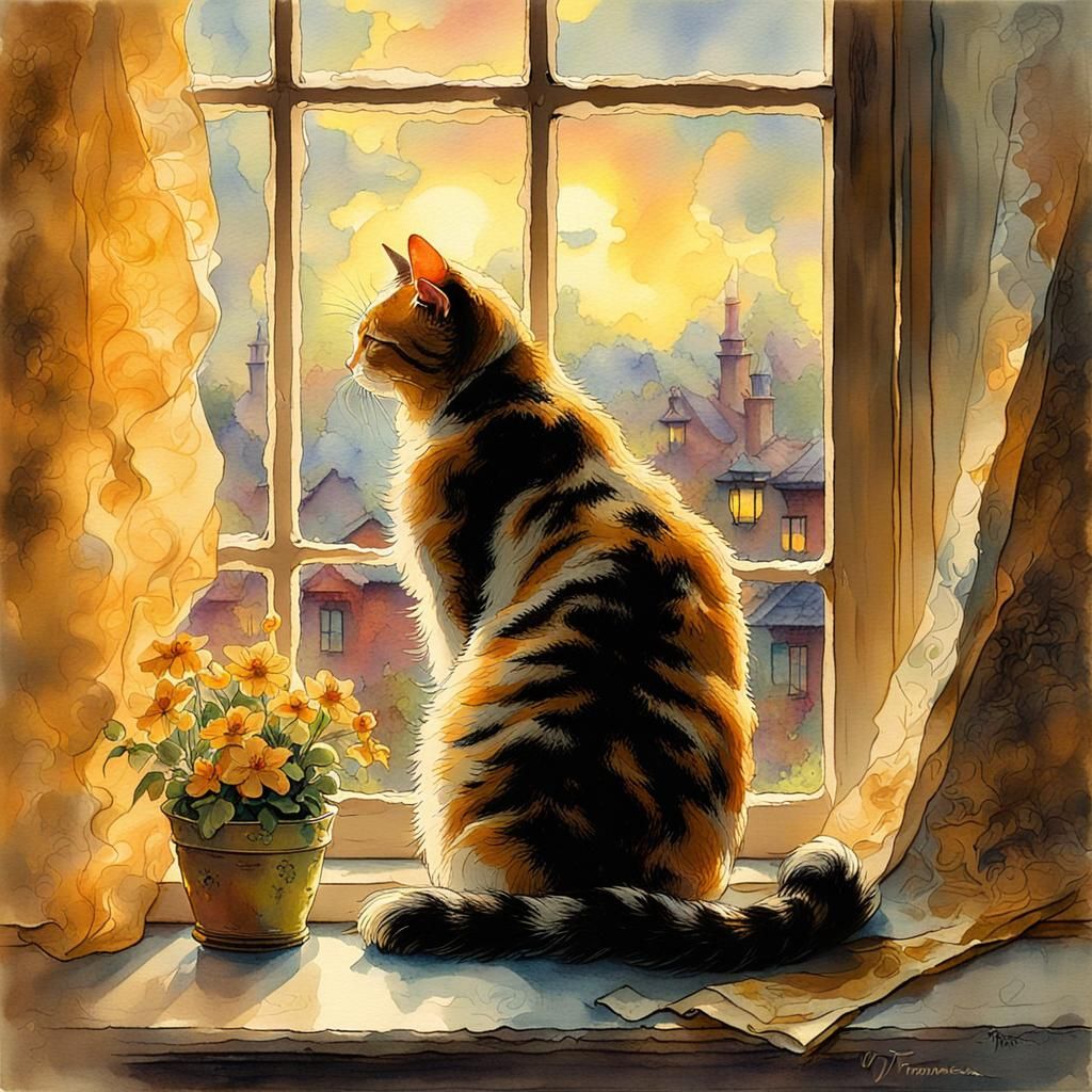 Whimsical Feline Scene in Warm, Golden Light