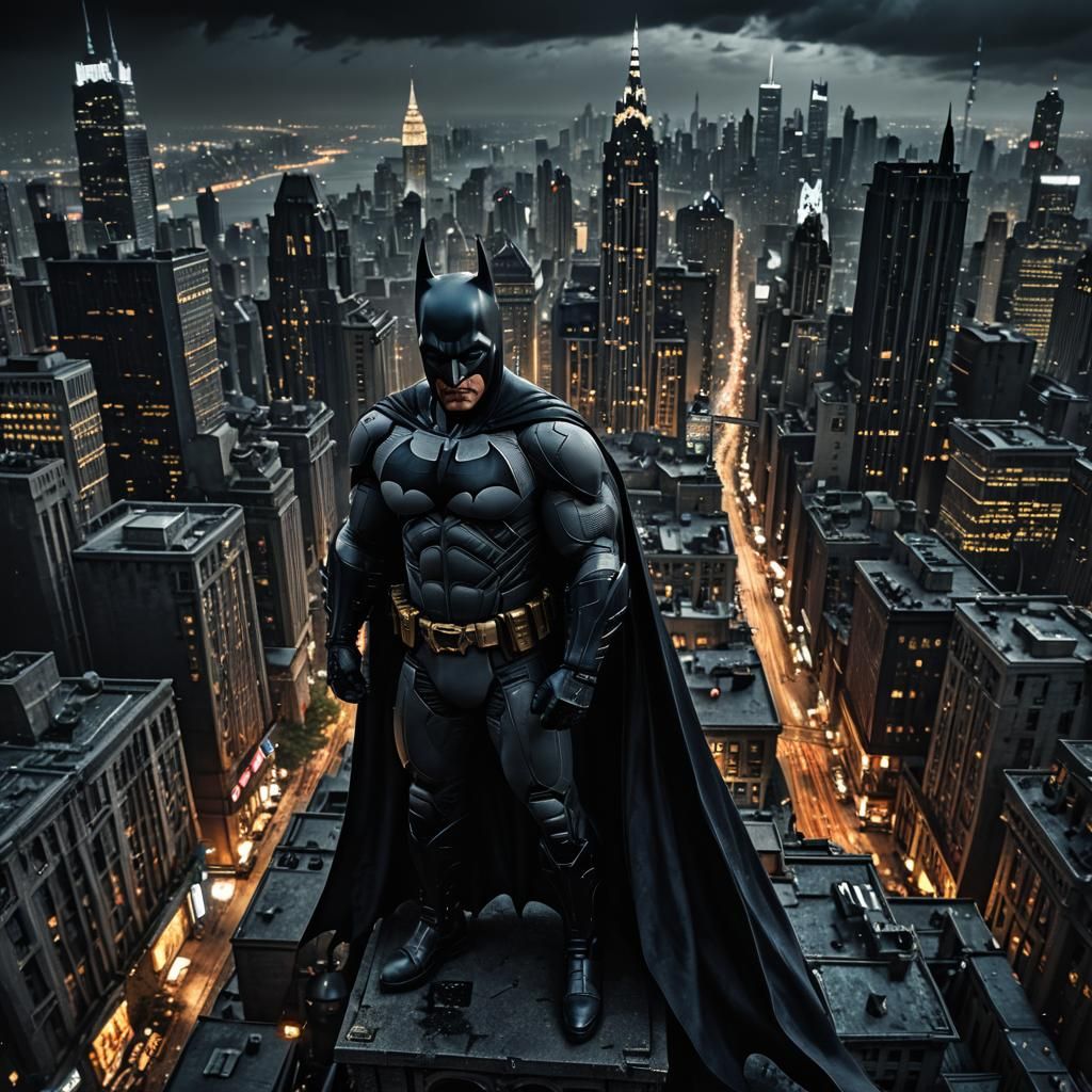 Batman Overlooking Gotham City in Hyperrealistic Style