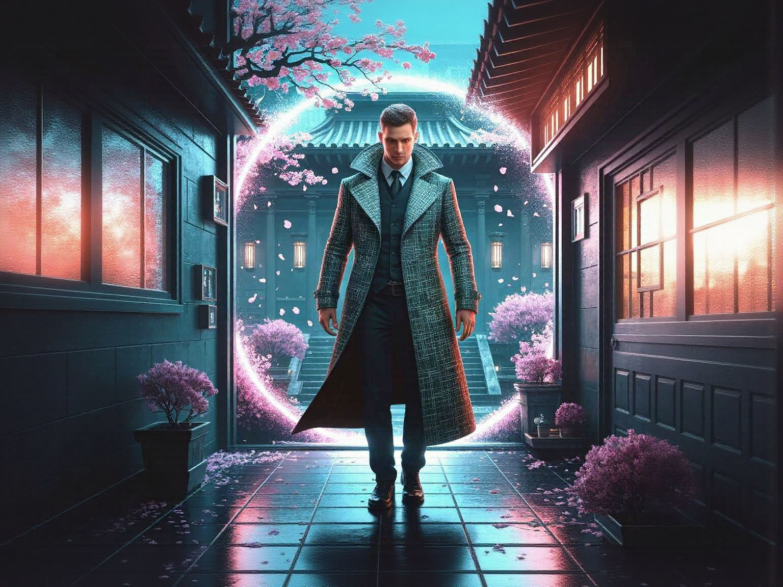 Cyberpunk Detective Emerges from Portal into Zen Garden