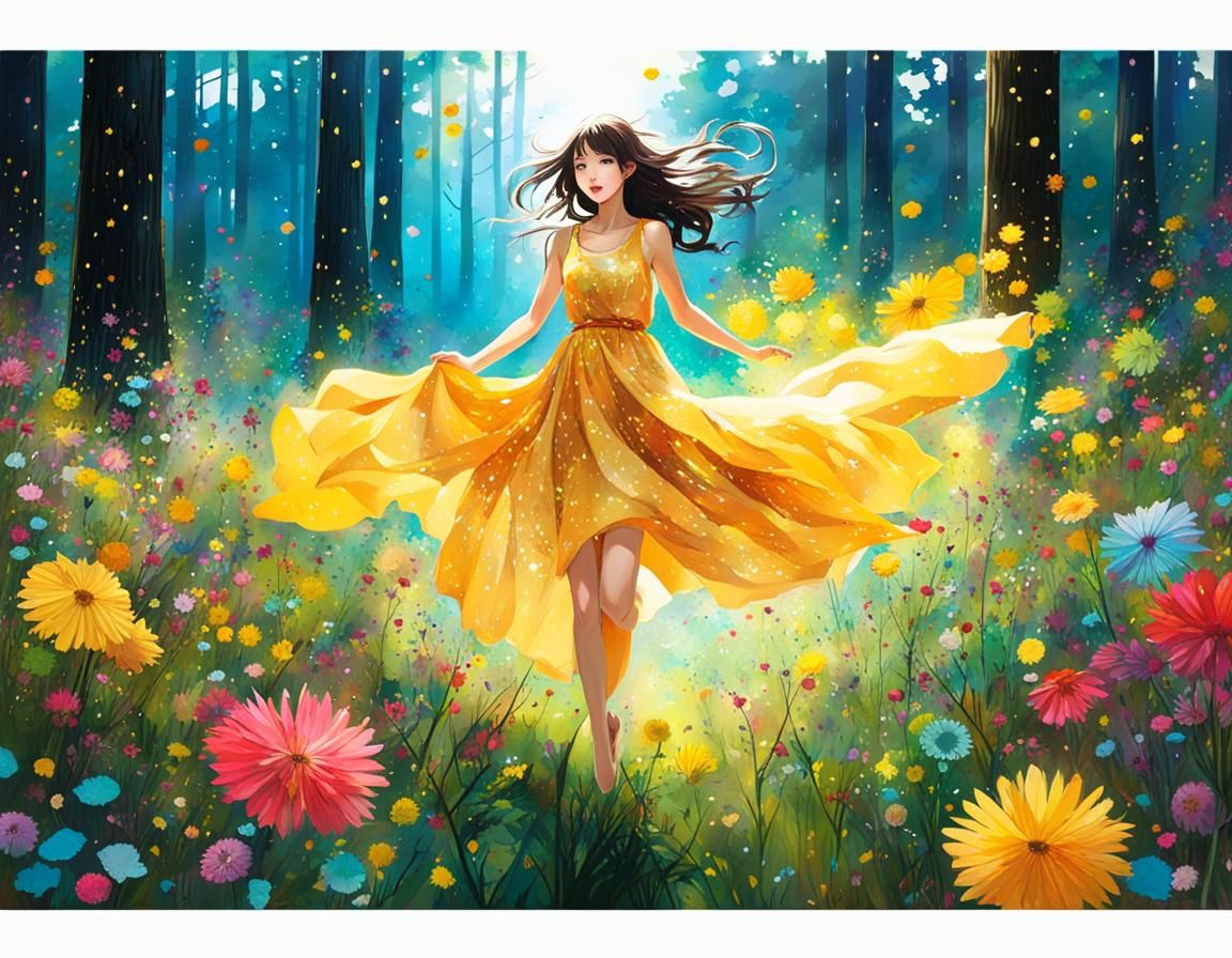 Goddess in Wildflower Meadow: Ink Splatter Art