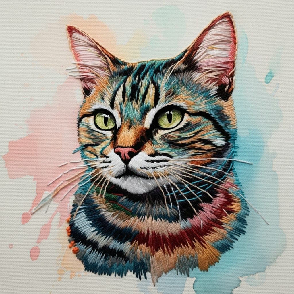 Embroidered Cat Portrait with Watercolor Background