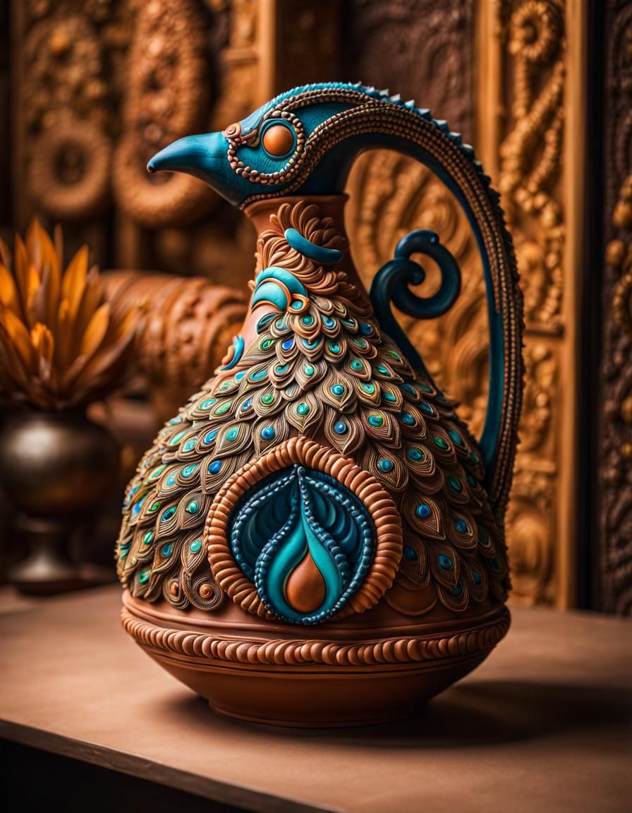 Detailed Clay Peacock Jug in Art Gallery