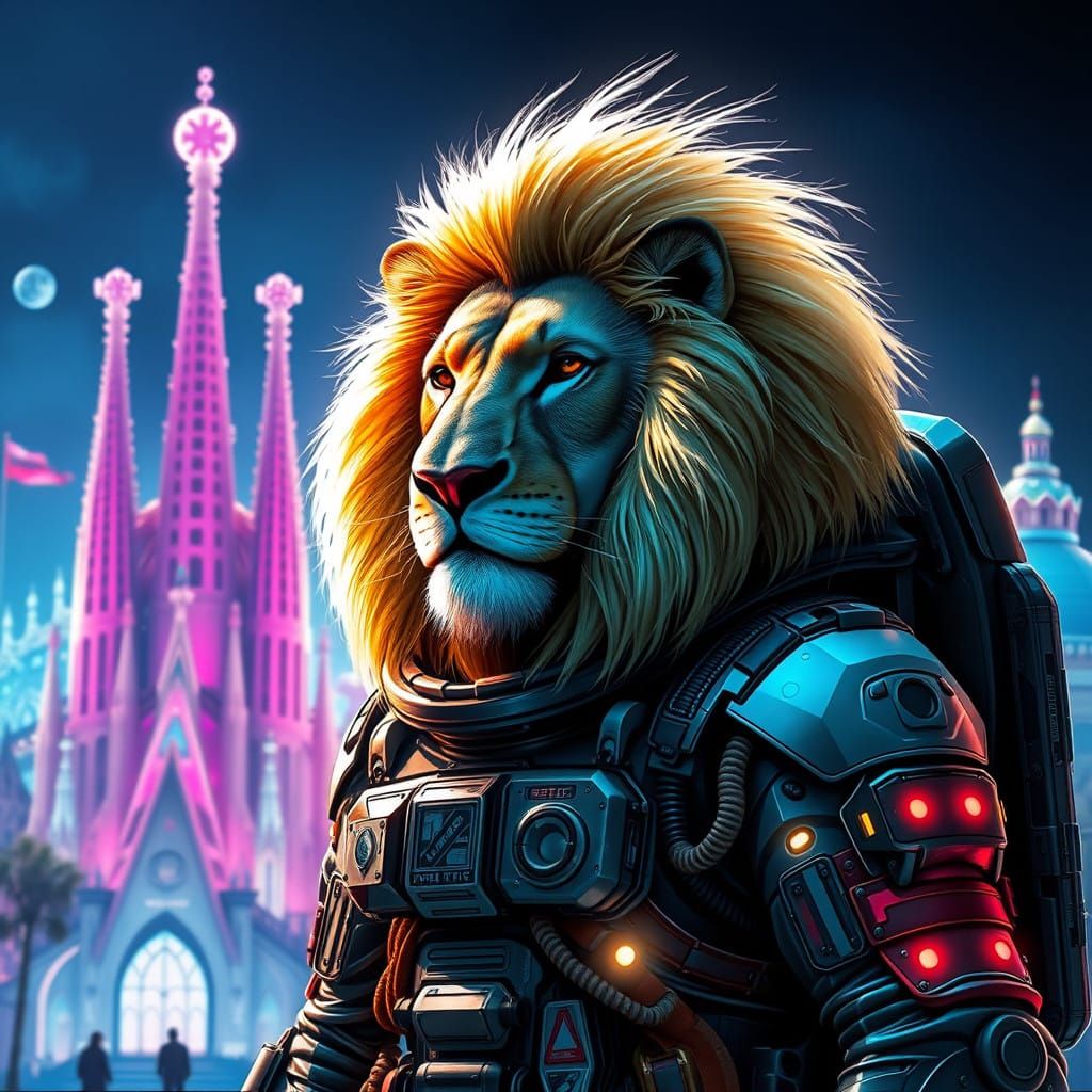 Lion of the Cosmos in Cyberpunk Space Suit