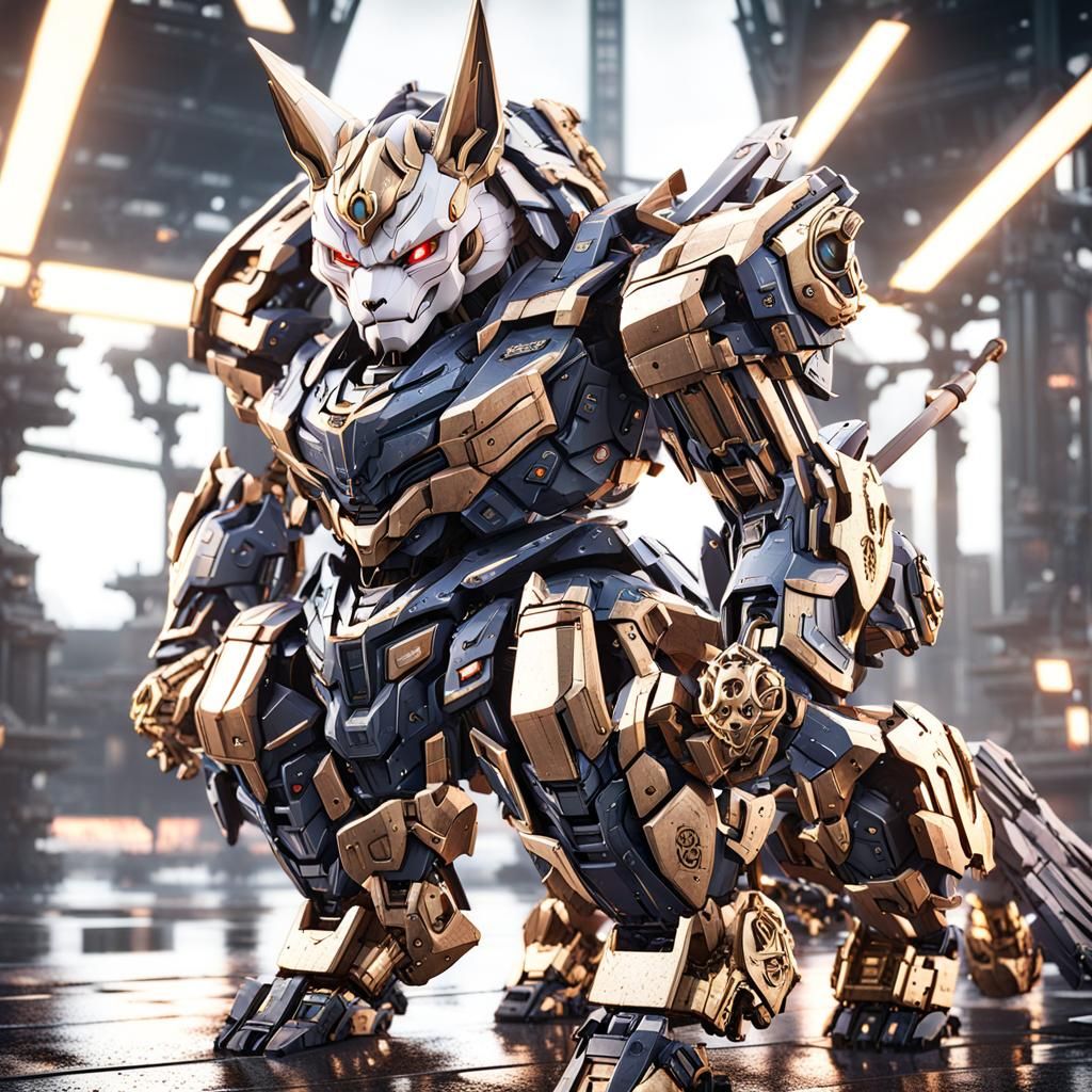 Samurai Cat Piloting Gundam Unicorn in Sci-Fi Style