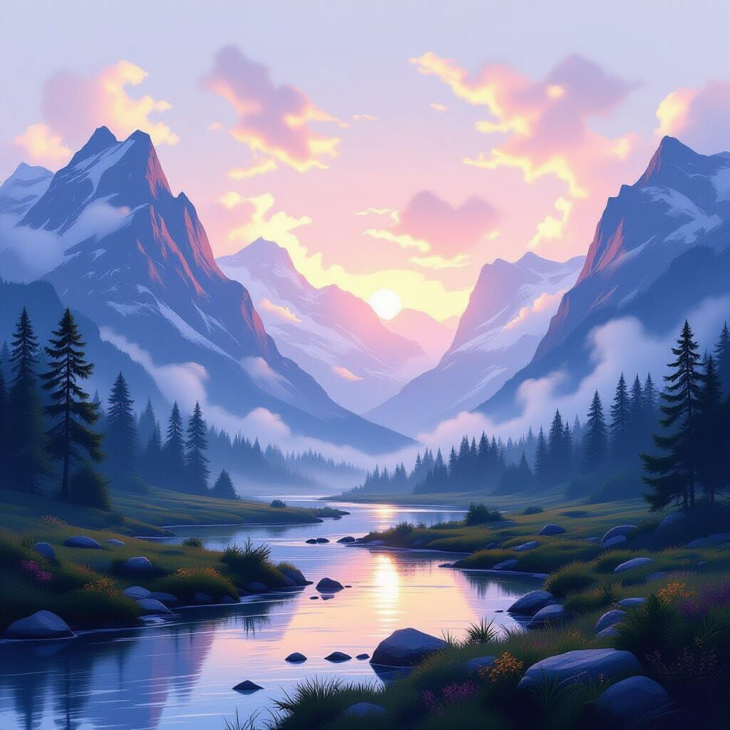 Serene Mountain Landscape at Dawn Digital Painting