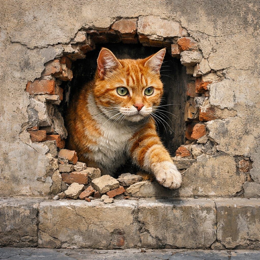 Anamorphic Cat Illusion in a Wall