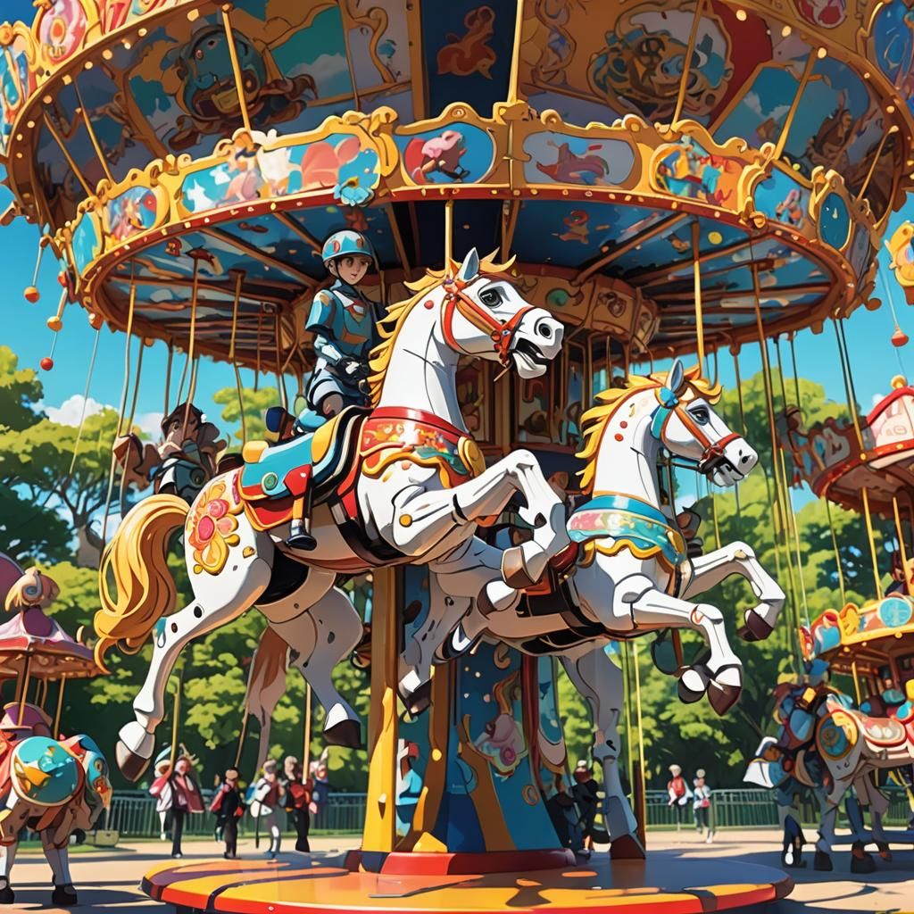 Child Robots on Carousel in Vibrant Anime Style
