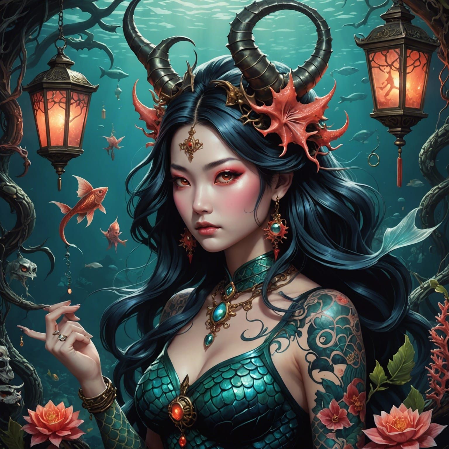 Sinister Yokai Mermaid in a Mystical Underwater Scene