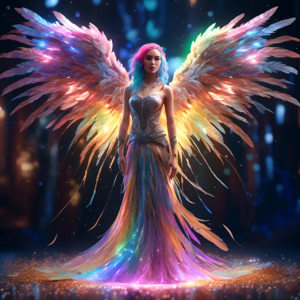 Rainbow Haired Girl with Galaxy Feather Angel Wings