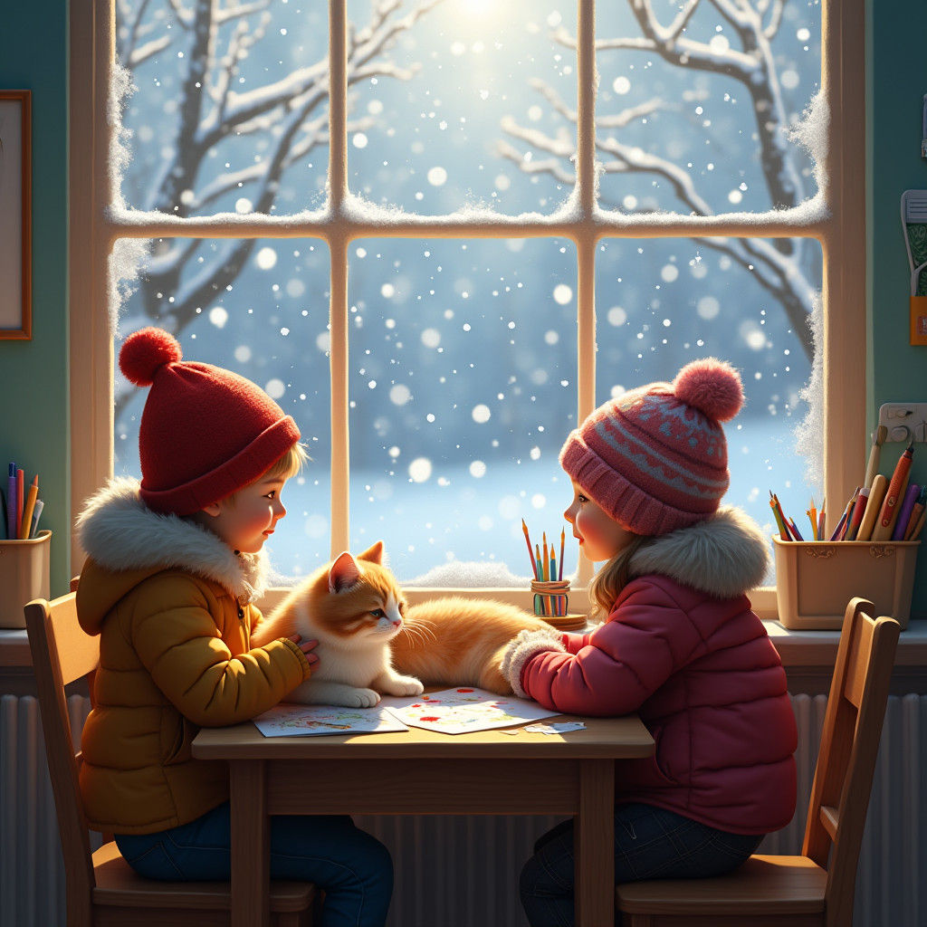 Children Play With Cat in Cozy Classroom Scene