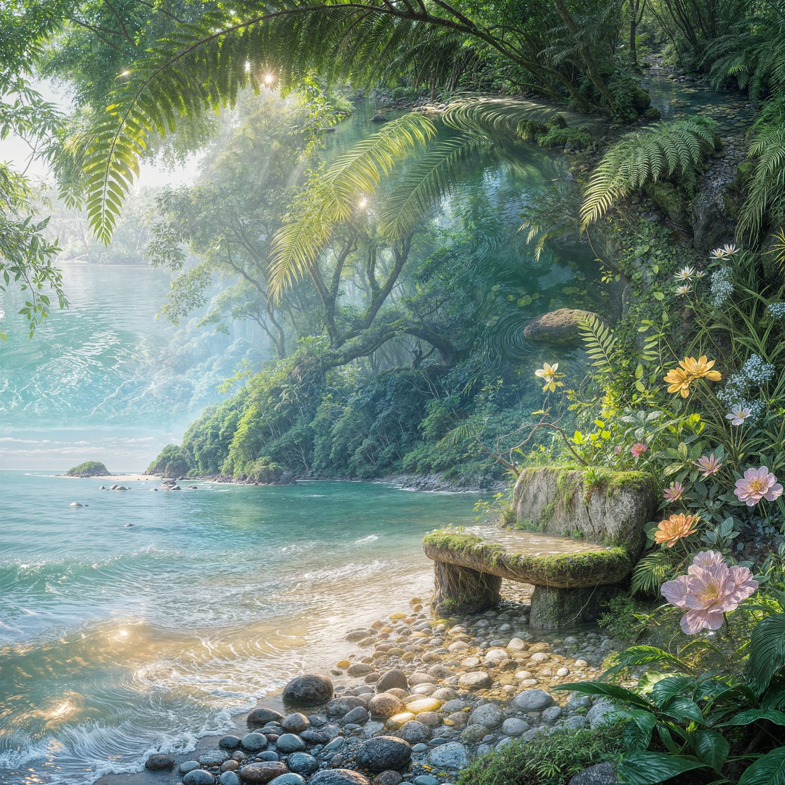 Serene Hidden Cove with Glowing Pebbles