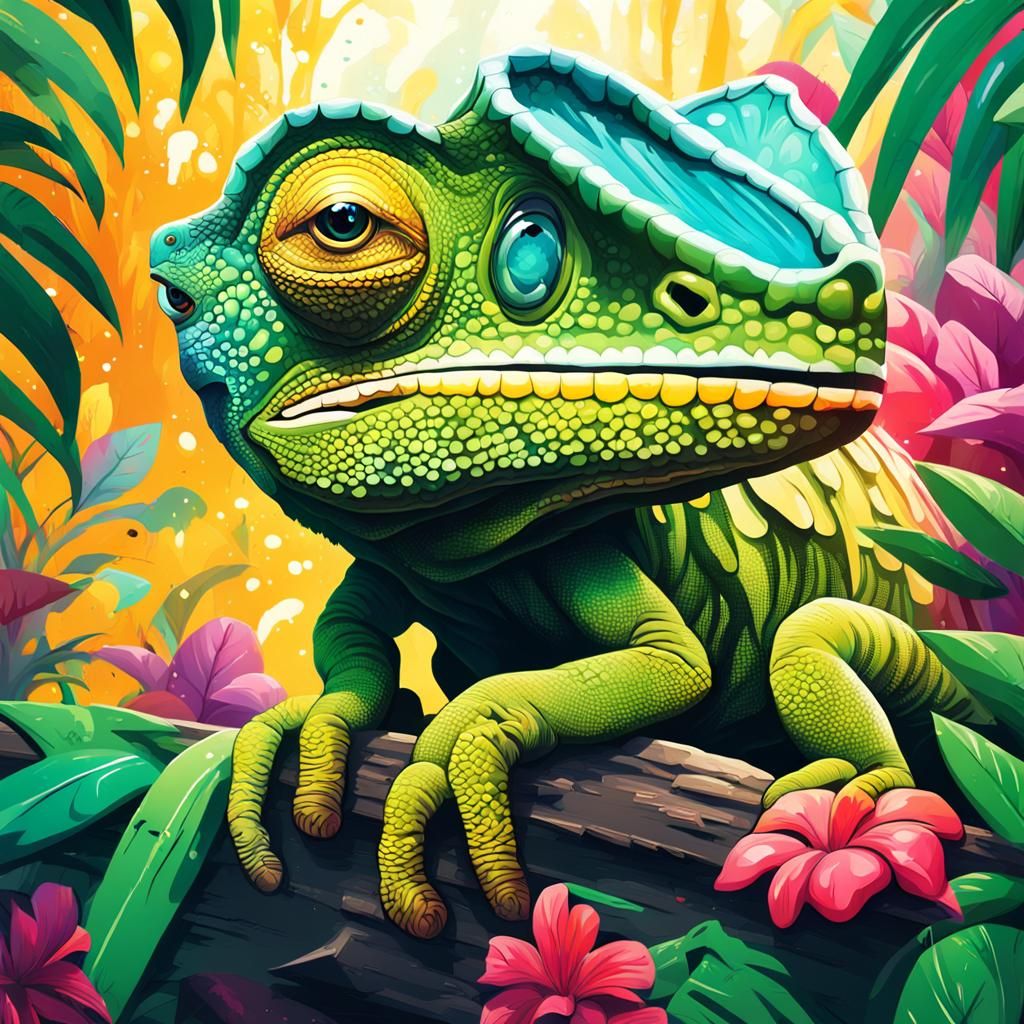 Colorful Chameleon in Tropical Forest: Graffiti Art Style