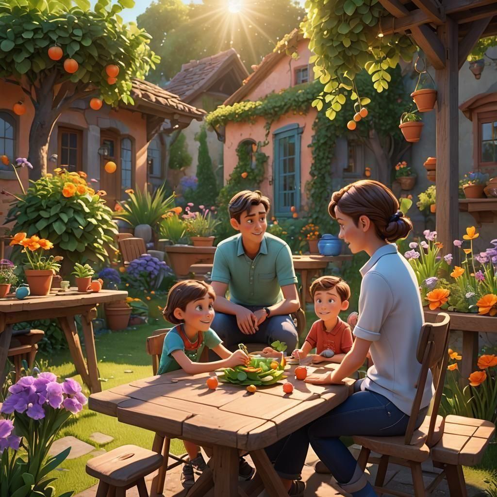 Family Scene Under Orange Tree: 3D Digital Art