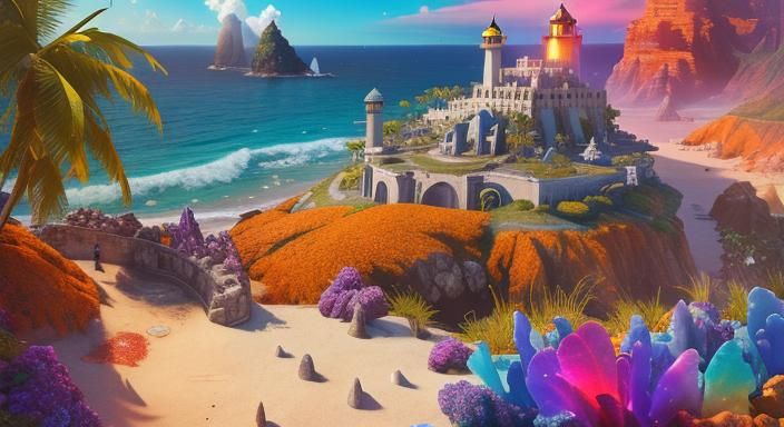 Cosmic Cyberpunk Fortress at Tropical Beach: 8K Masterpiece