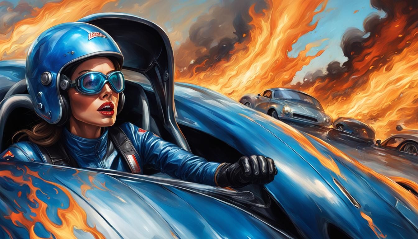 Frightened Racer in Burning Car: Hyperrealistic Concept Art