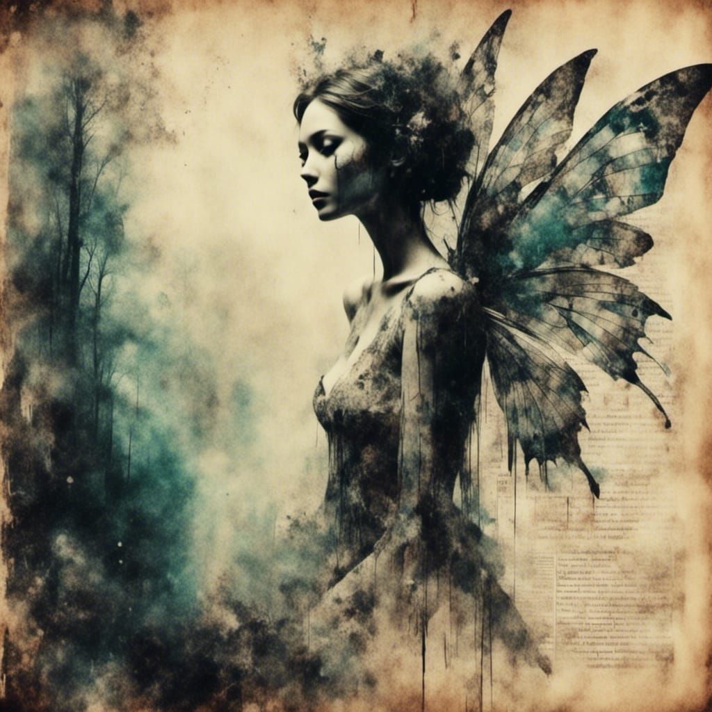 Double Exposure Fairy in Macabre Ink Painting