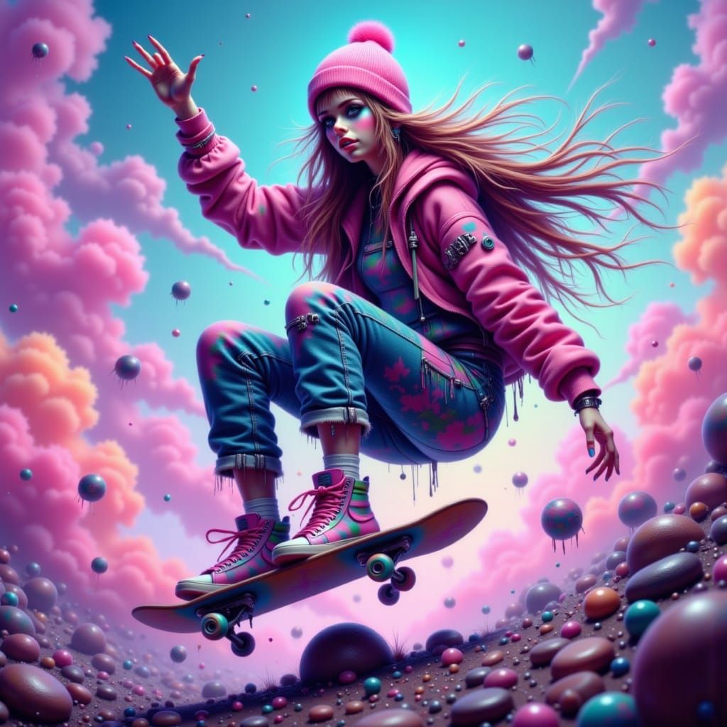 Skater Girl in Neon Retro Style