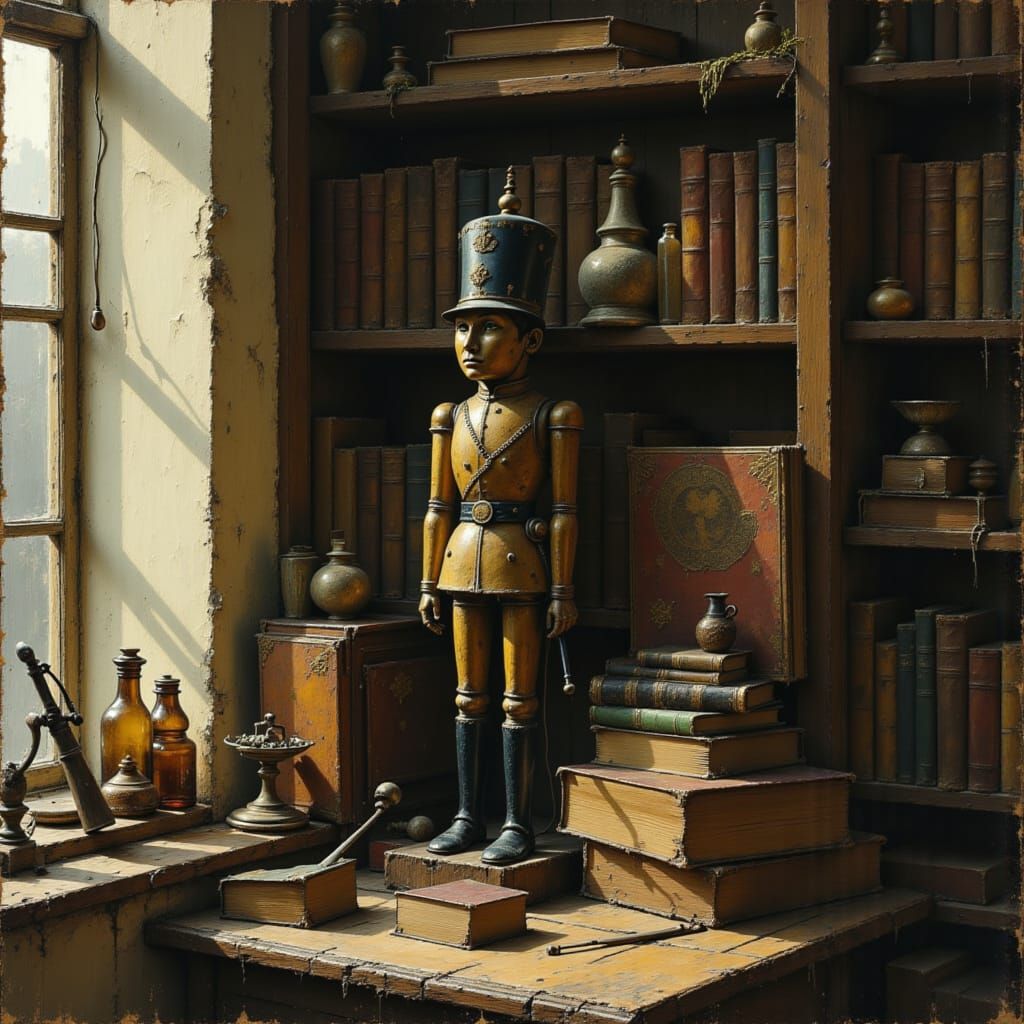 Weathered Toy Soldier on Antique Bookshelf