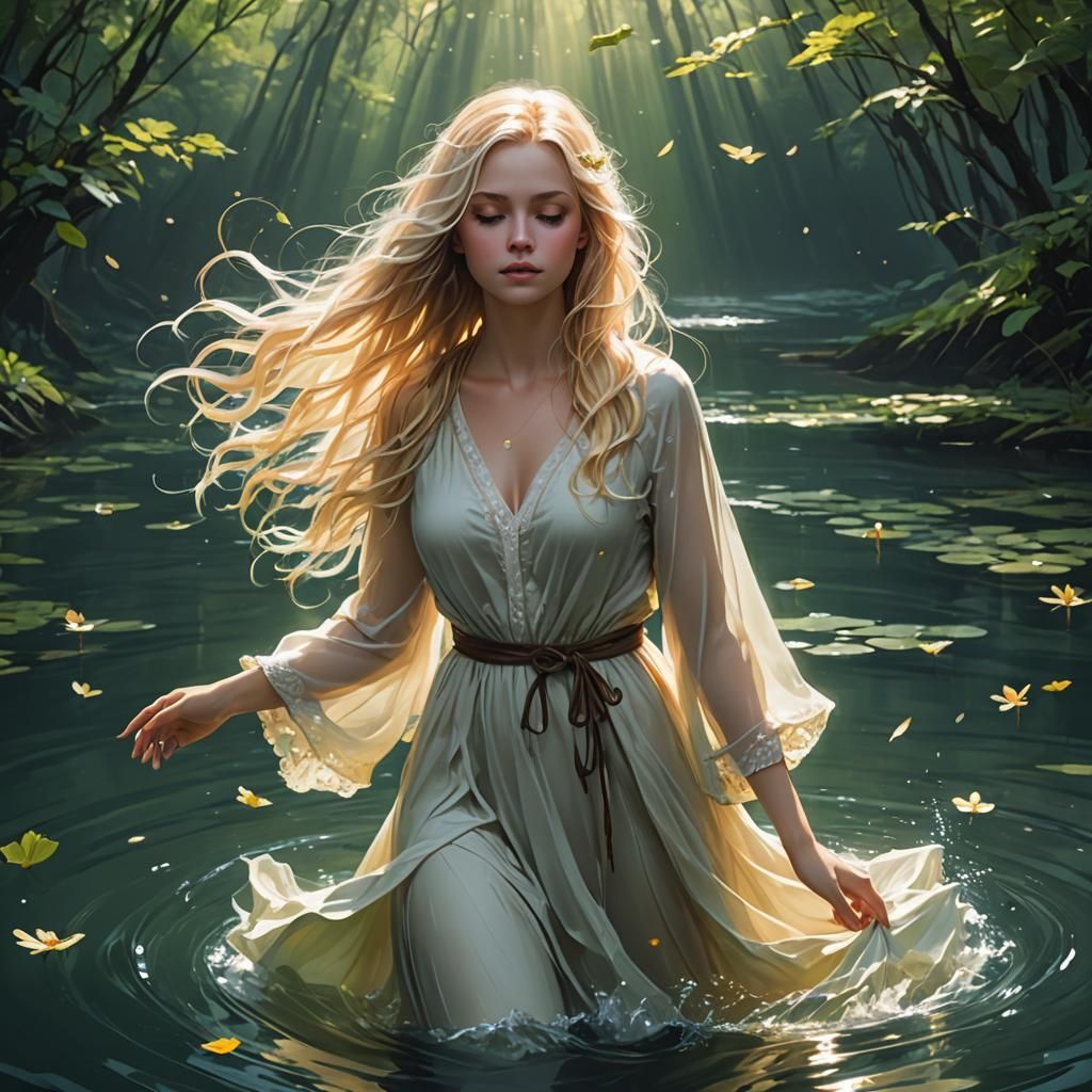 Dreamy Young Woman by Serene Waters in Soft Morning Light