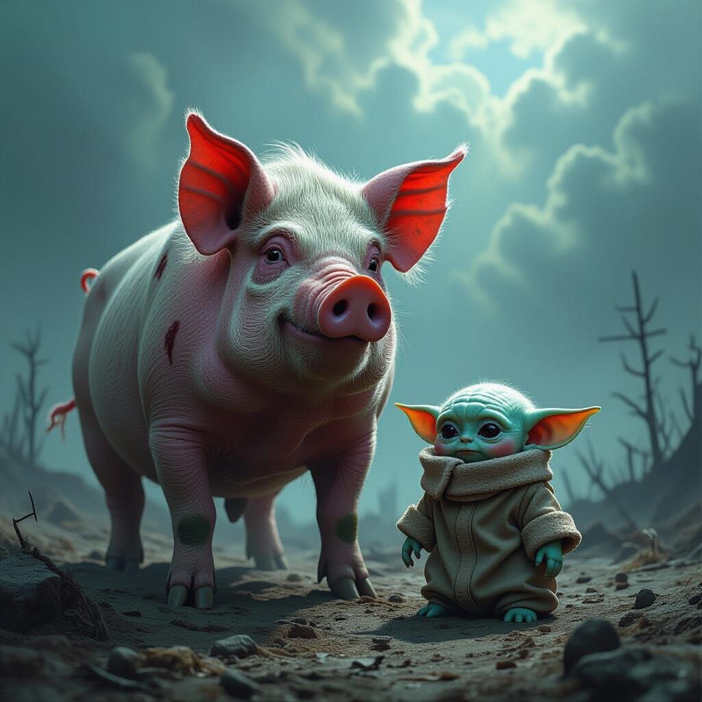 Mutated Pig and Baby Yoda in Stormy Landscape