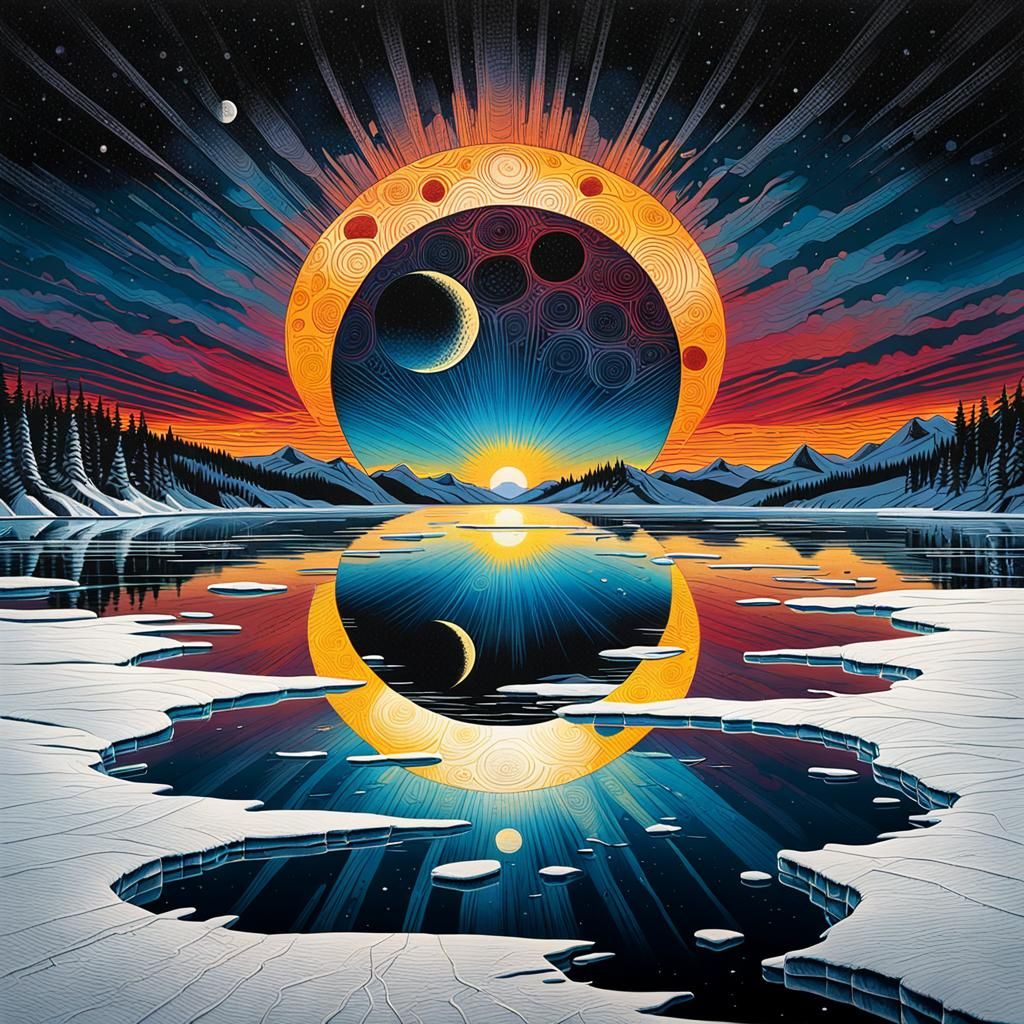 Surrealist Landscape Etching on Frozen Lake