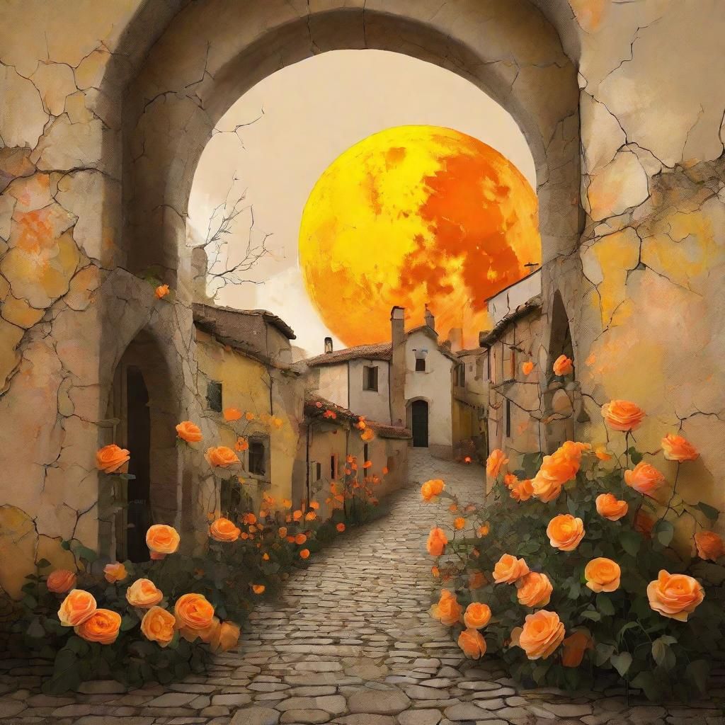 Surreal Moon Over Medieval Village, Digital Matte Painting