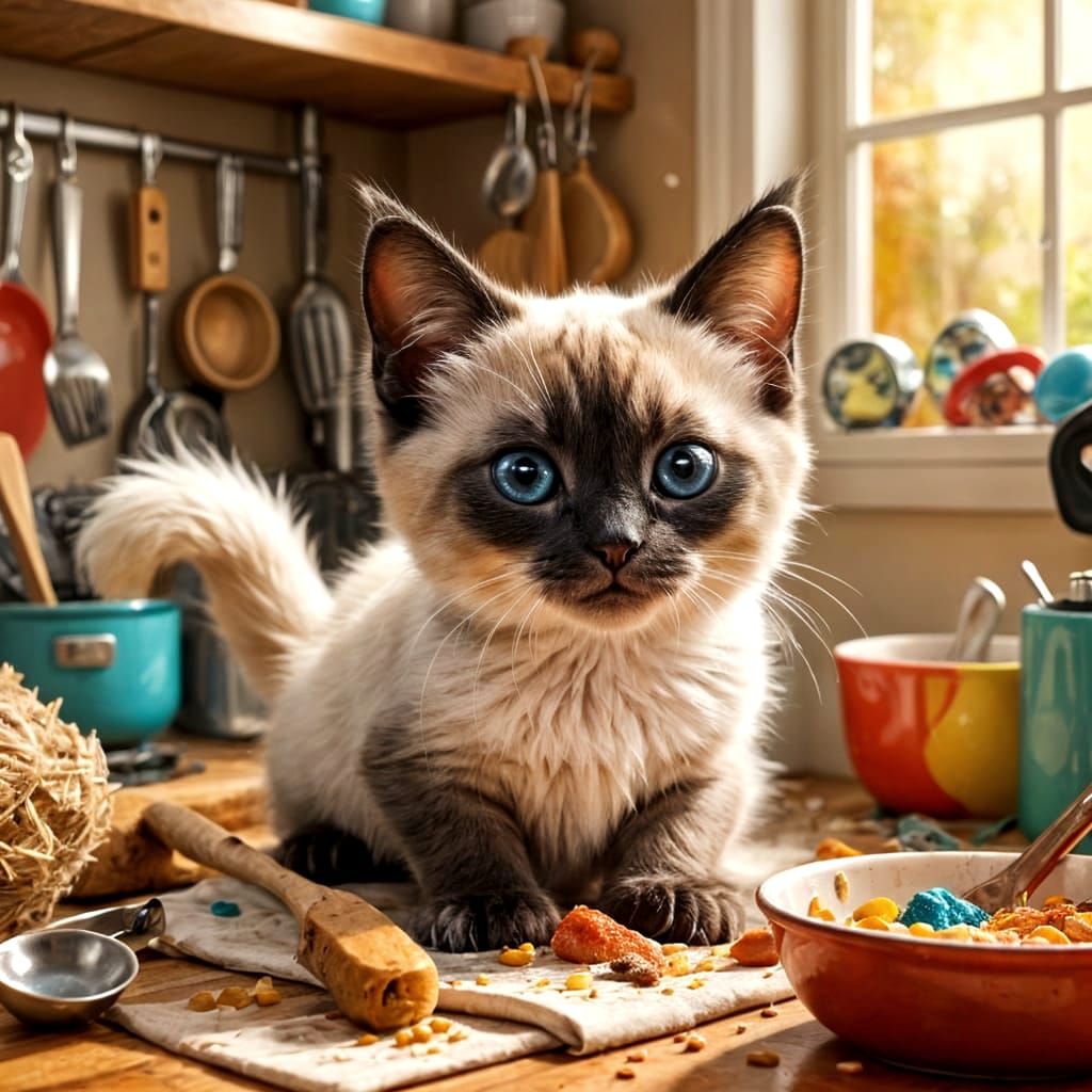 Cute Siamese Kitten's Comical Kitchen Mischief