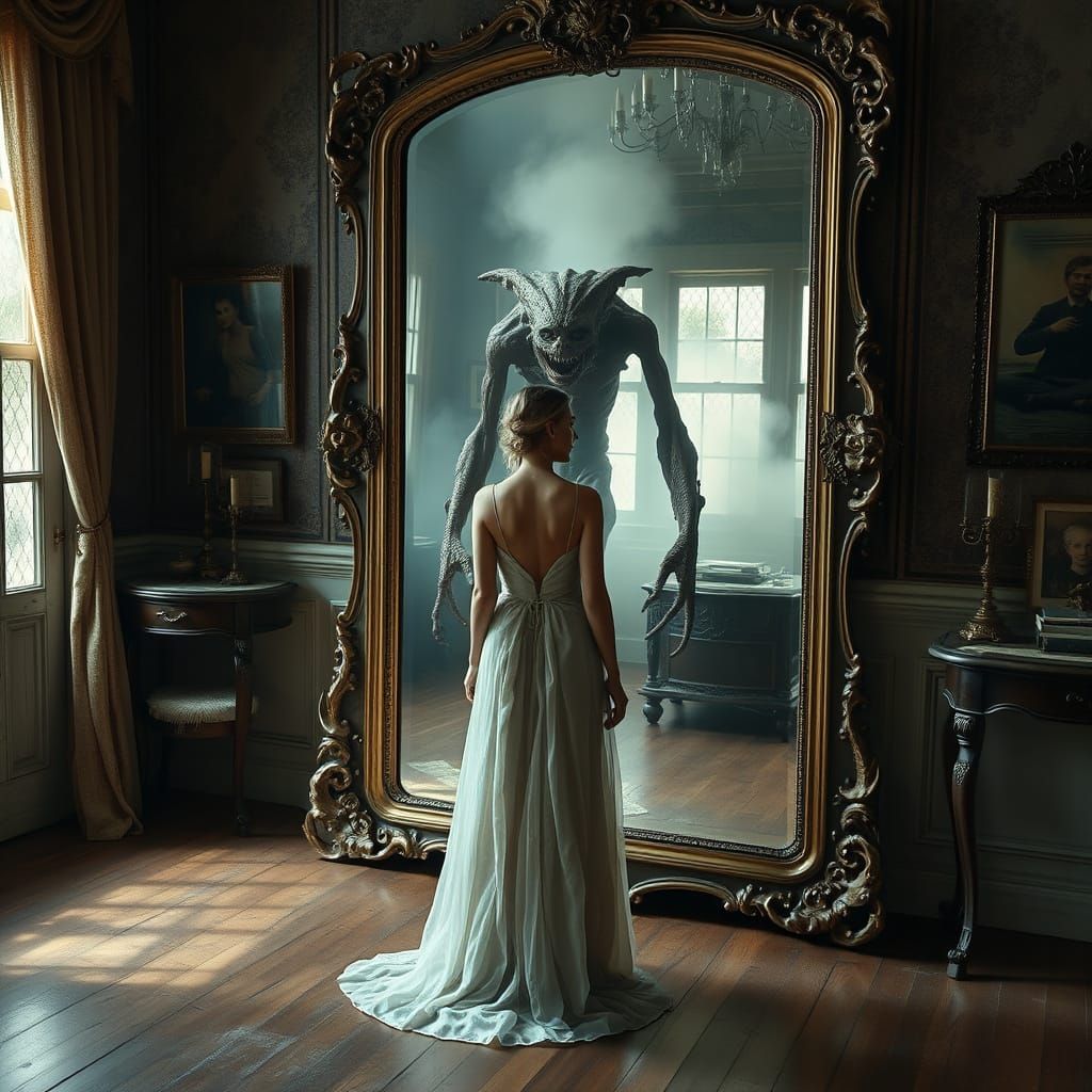 Serene Woman and Grotesque Mirror Reflection
