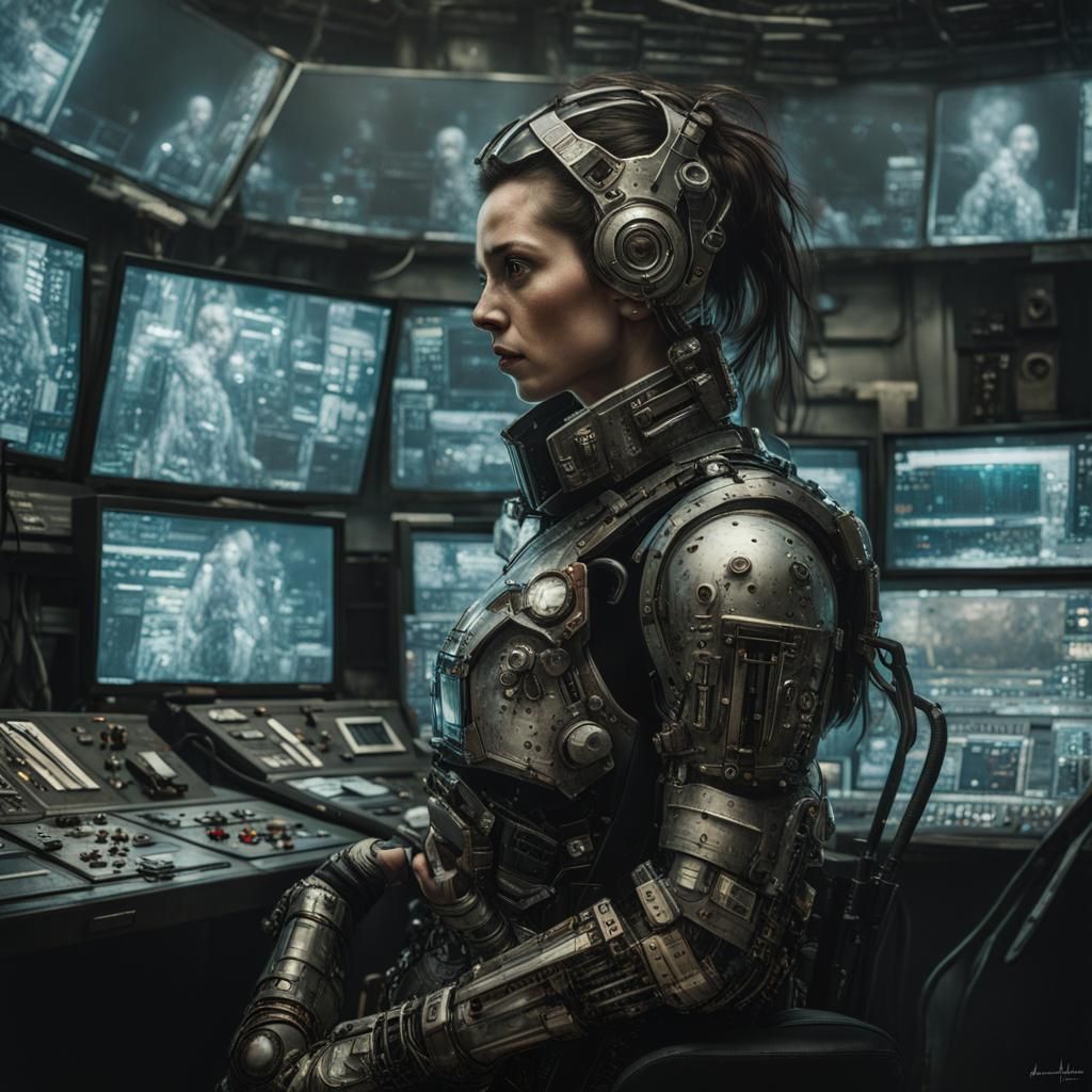 Cyberpunk Woman in Control Room: Hyperrealistic Portrait