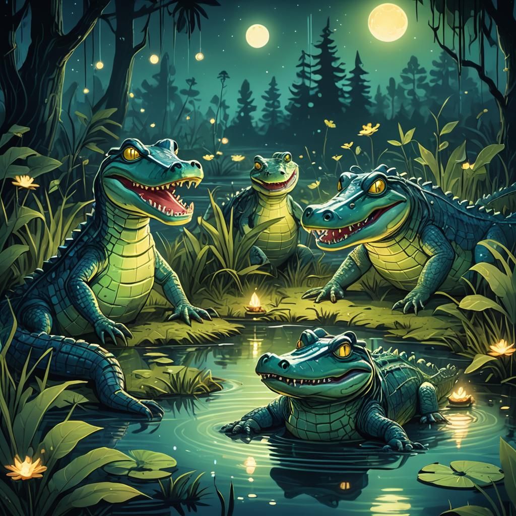 Alligators Play the Blues in a Cartoon Swamp