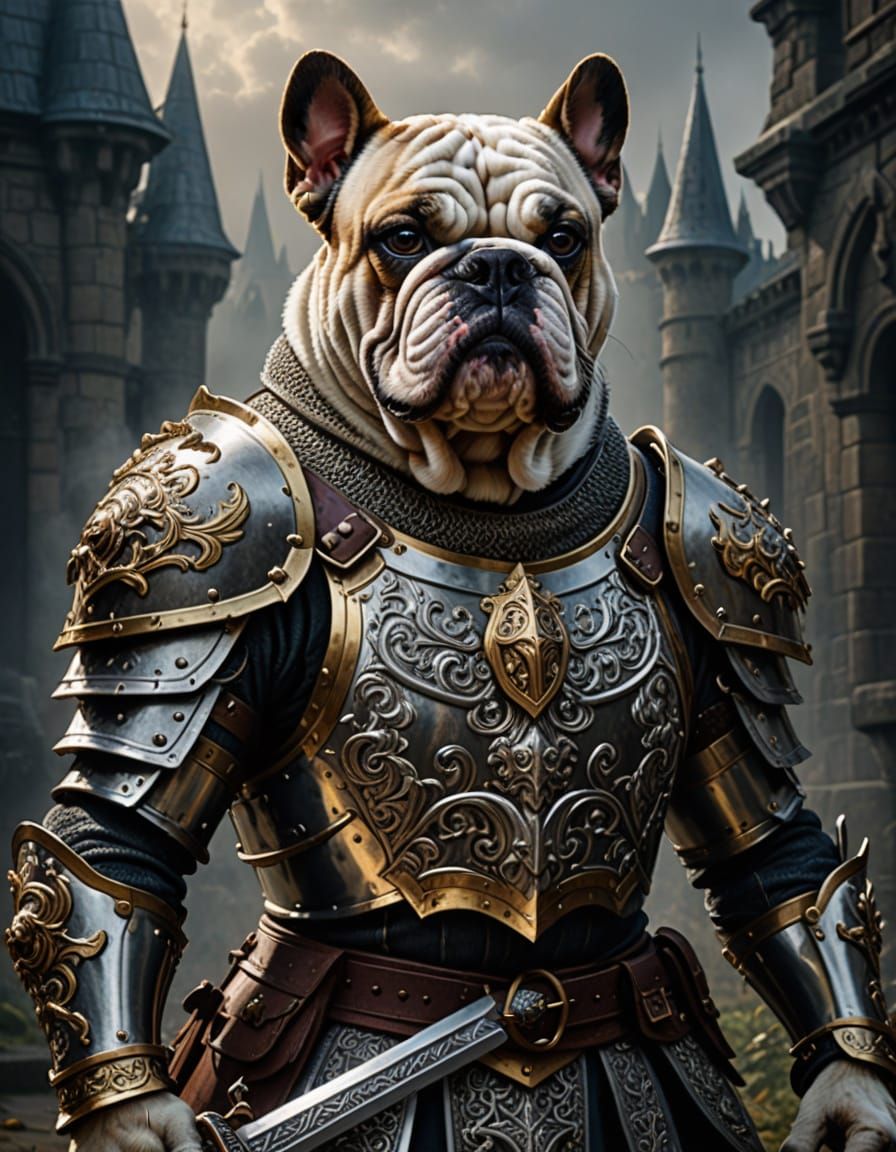 Anthropomorphic Bulldog Knight in Ornate Armor