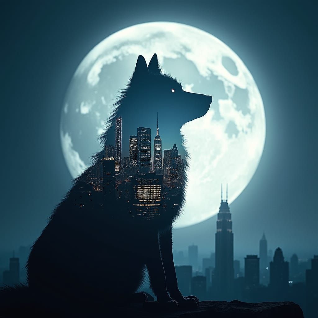Wolf Silhouette and Lunar City Double Exposure