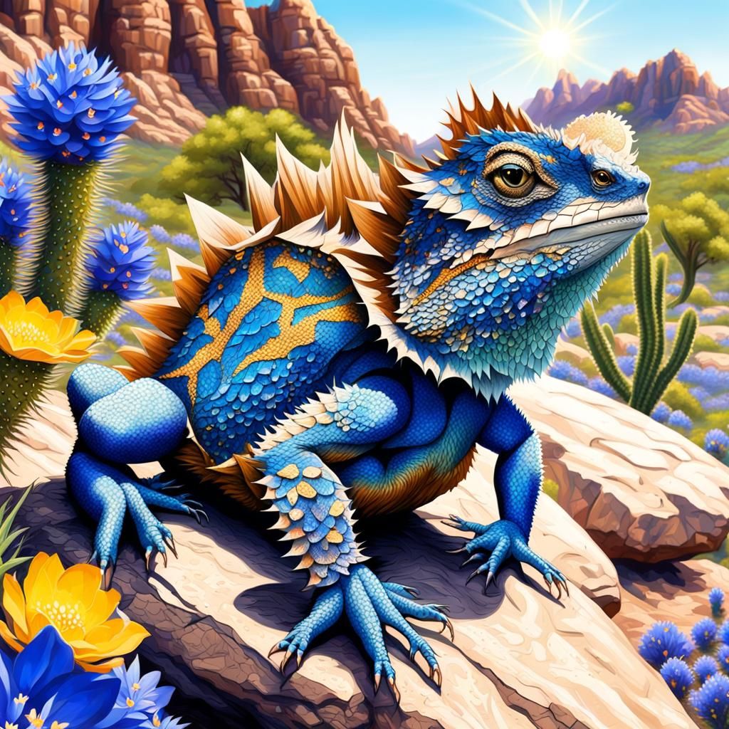 Detailed Texas Horned Lizard with Bluebonnets