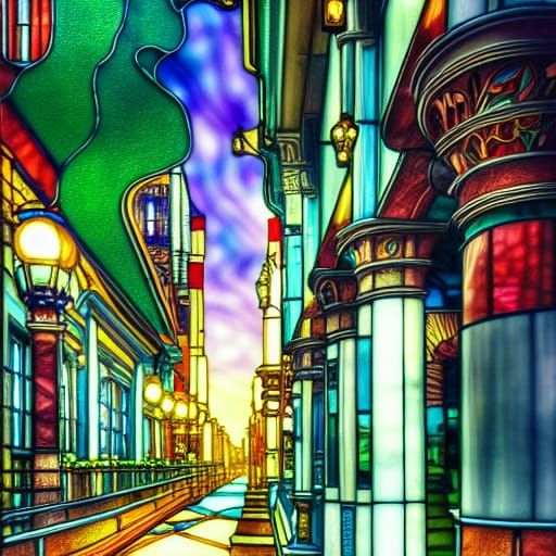 Stained-Glass City Street in Art Nouveau Style
